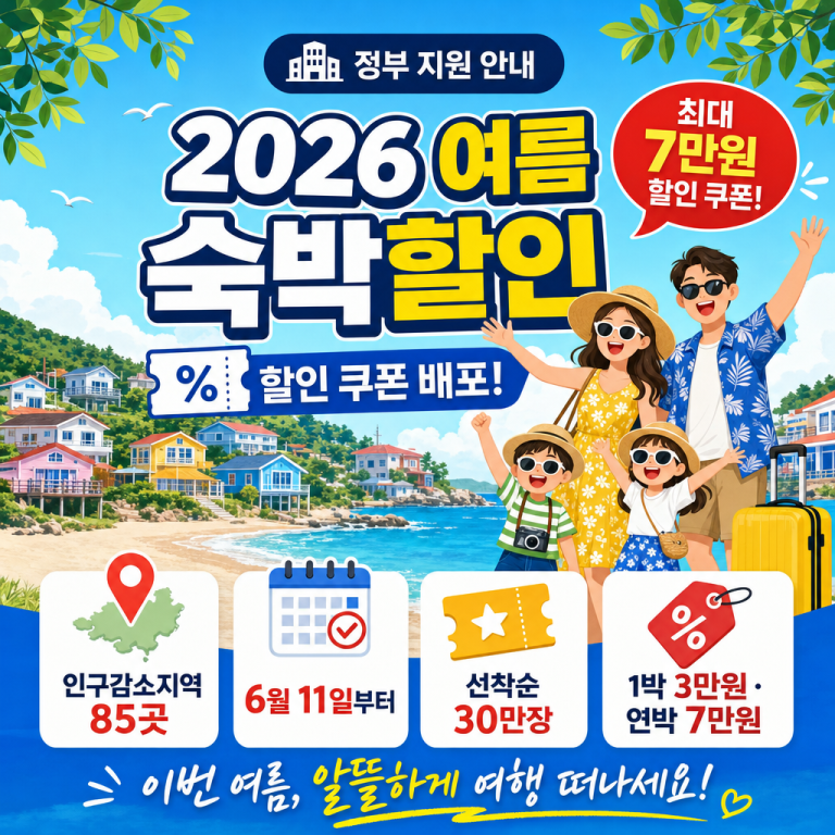 2026 여름 숙박할인 최대 7만원 — 인구감소지역 85곳 6월 11일 발급